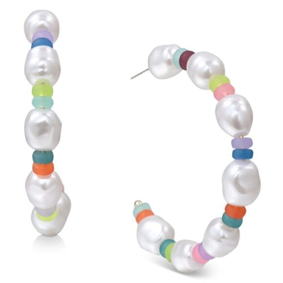 NWOT INC Gold-Tone Large Multicolor Bead & Imitation Pearl C-Hoop Earrings, 2.5 - Picture 1 of 4